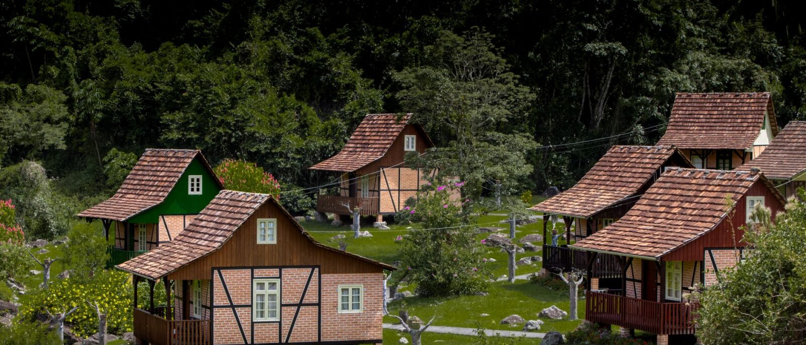 Casarões pitorescos cercados por vegetação exuberante em Santa Catarina, Brasil